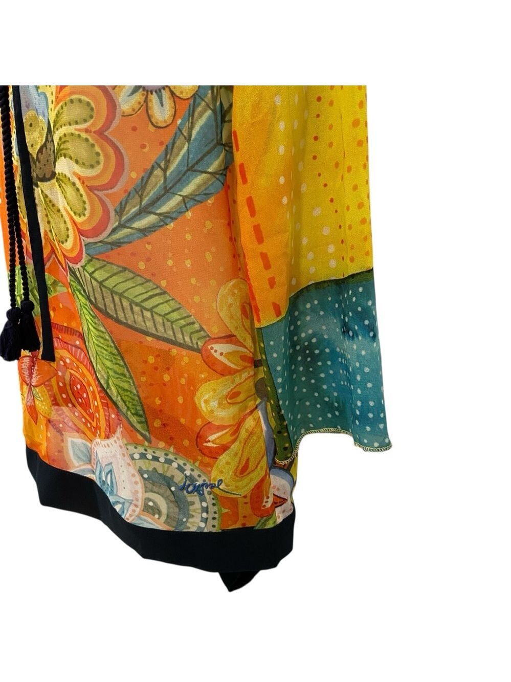 Desigual sheer festive top 3/4 sleeves floral Pom Pom V neckline orange yellow - Picture 7 of 16